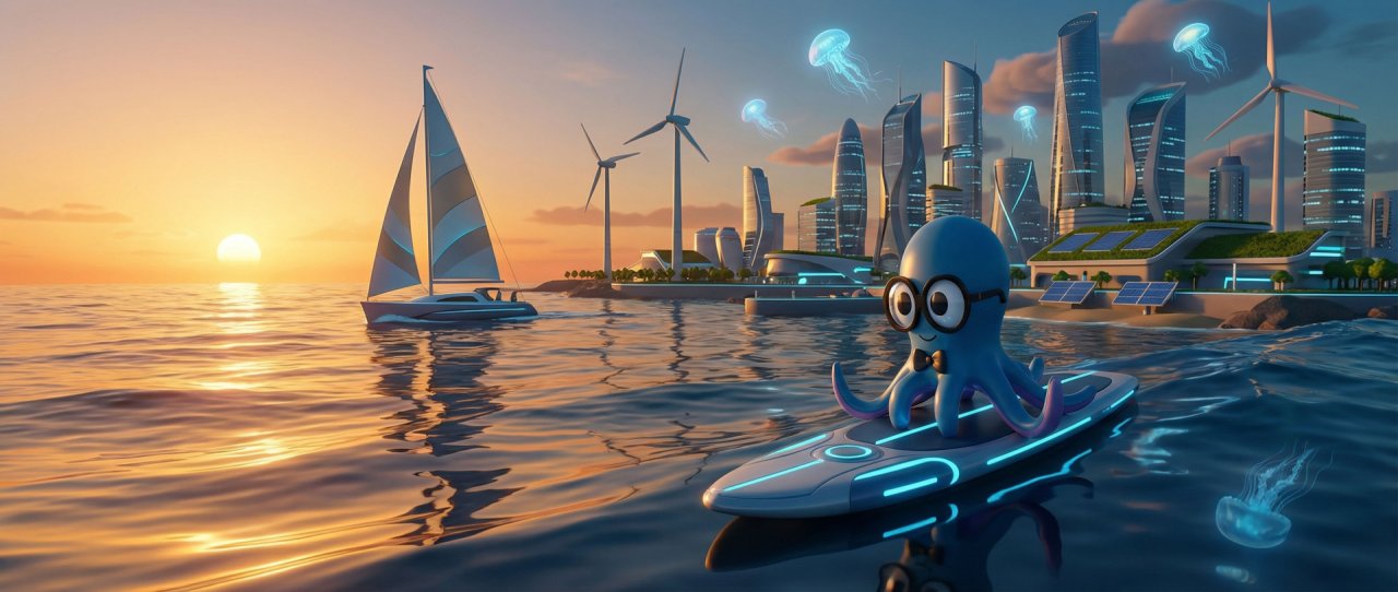 Vurbie octopus surfing on solar powered board