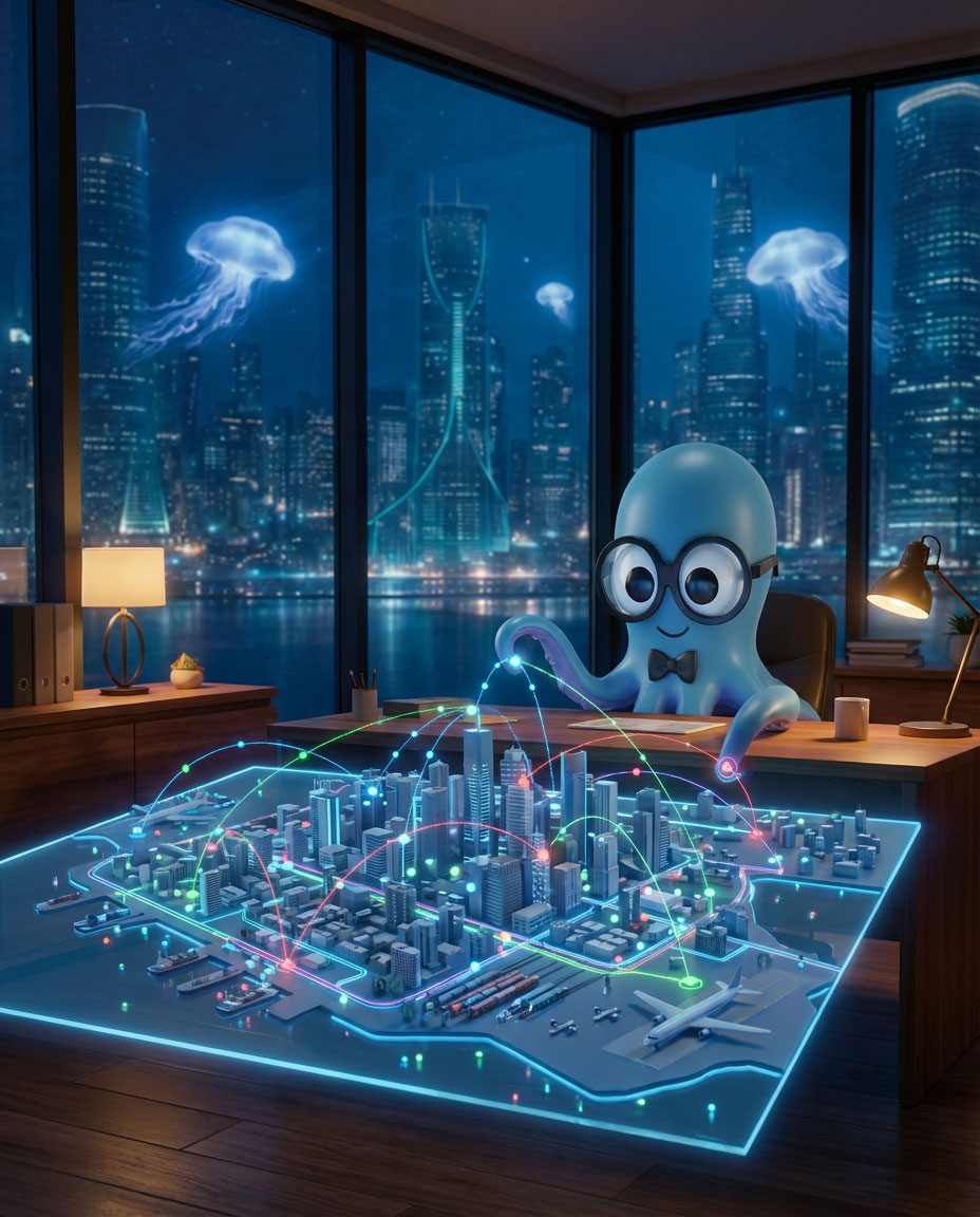 Vurbie octopus coordinating logistics on a virtual 3D map